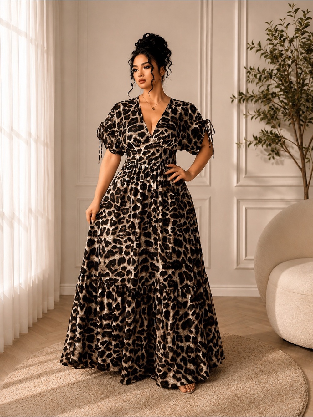 Sz 2x Leopard Print Maxi Dress V-Neck Boho Long Dress